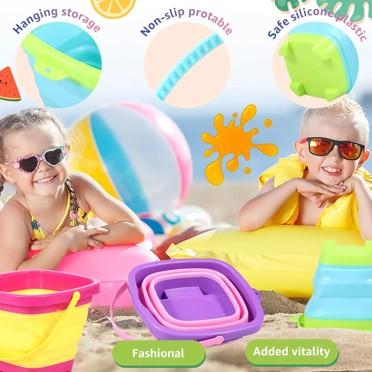 Cubo de playa plegable silicona para niños en verano y acampada - imagen 2