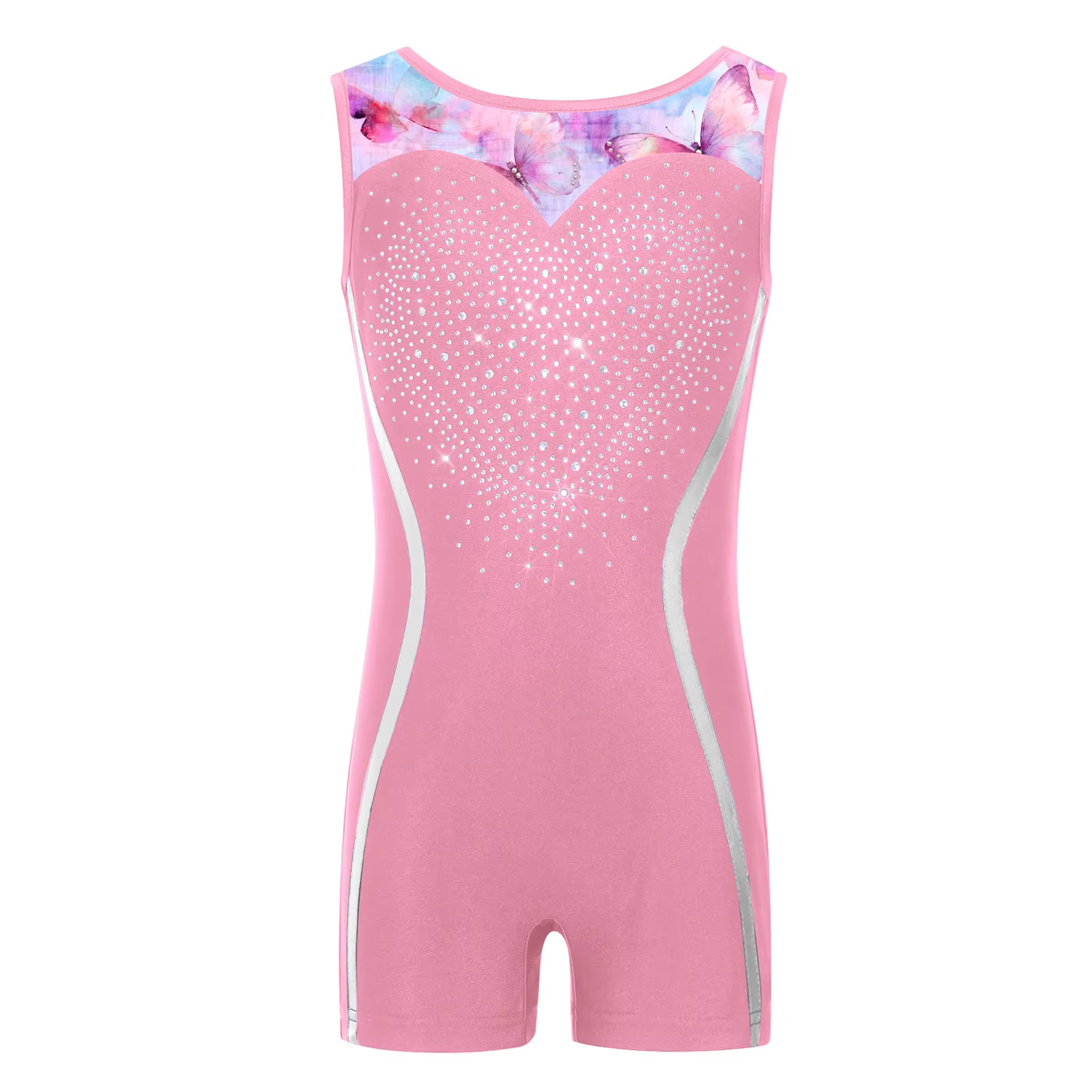 Maillot de gimnasia sin mangas con pedrería brillante y bloques de color