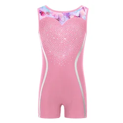 Maillot de gimnasia sin mangas con pedrería brillante y bloques de color