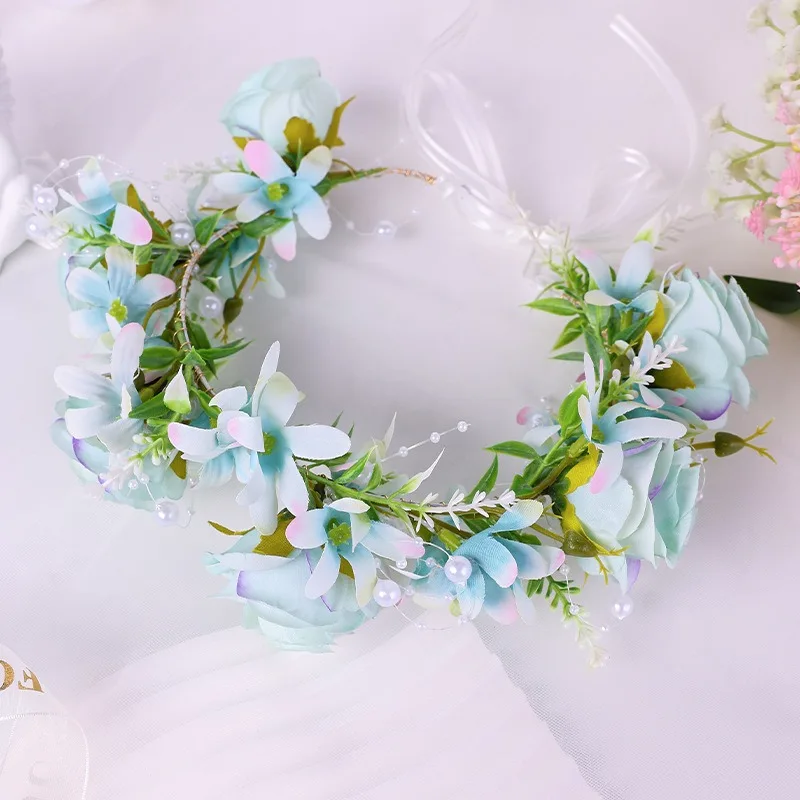 Diadema de flores para boda con corona hecha a mano y cuentas