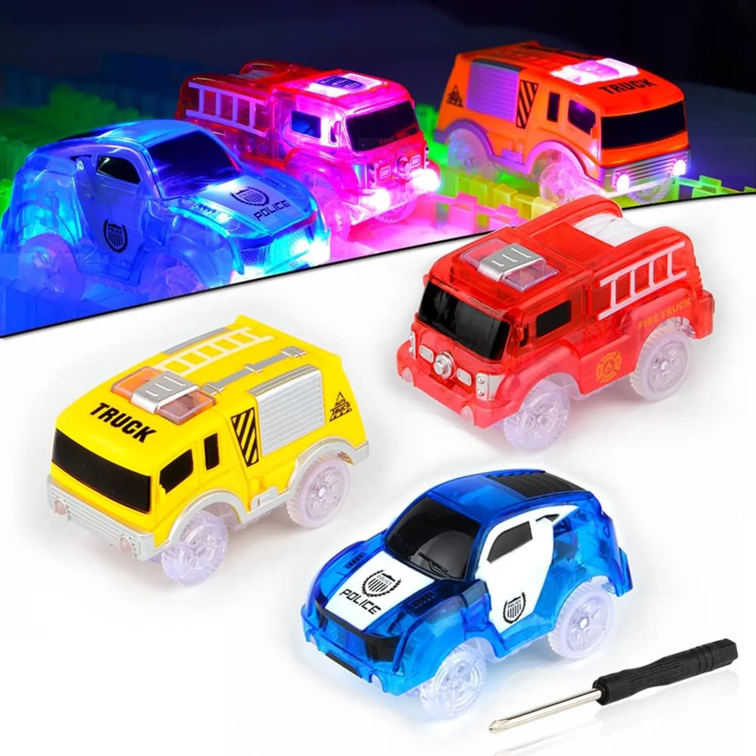 Coches de carrera Flex Track con LED brillante para pistas infantiles