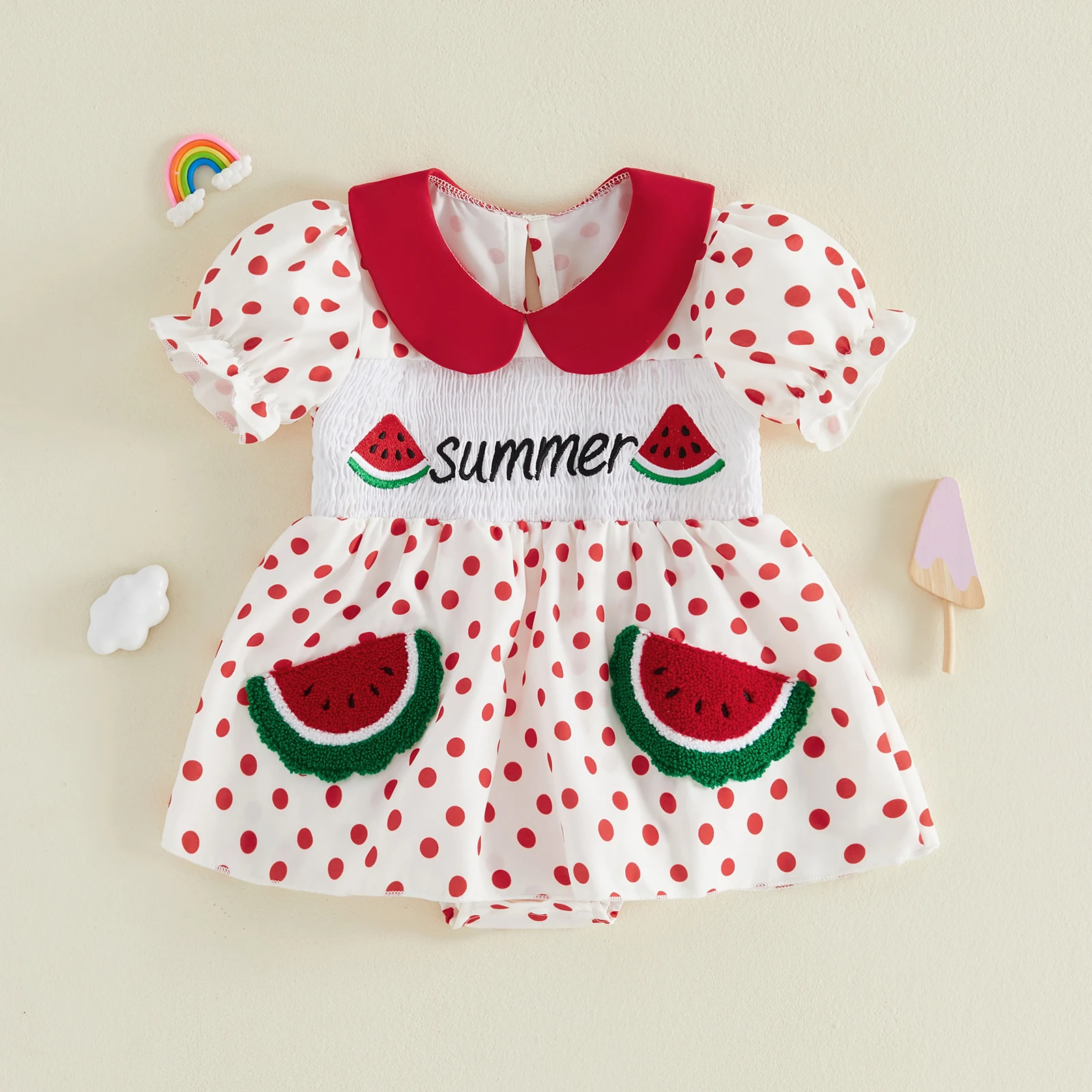 Tregren Vestido de verano bebé niña con estampado de sandía y puntos - imagen 3