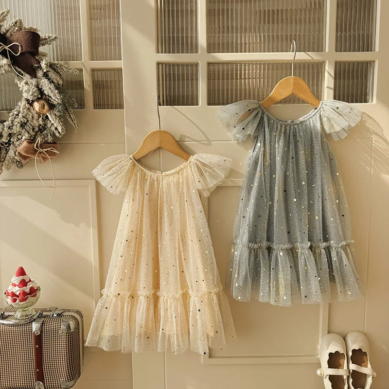 Vestido de verano para niña línea A con estrellas y mangas volantes - imagen 4