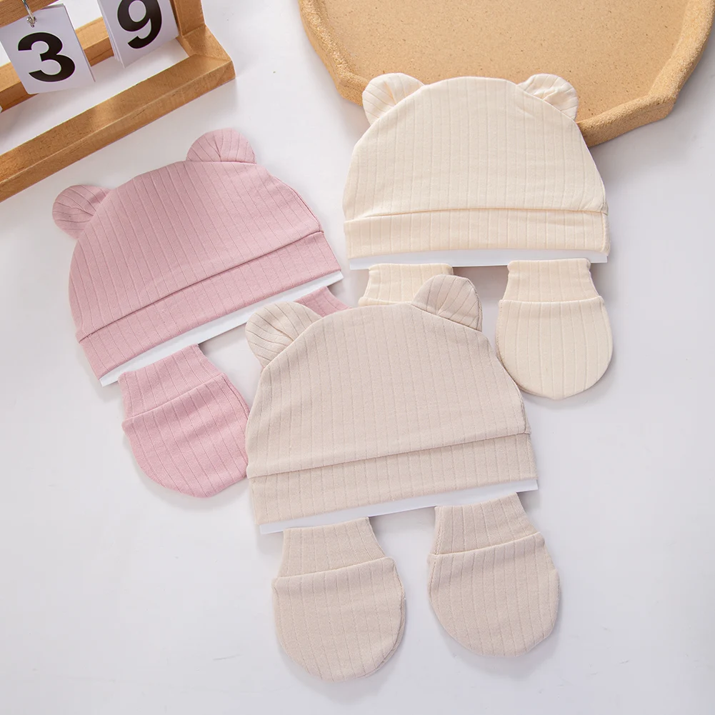 Gorro algodón bebé orejas de oso mitones – Set fotos recién nacido