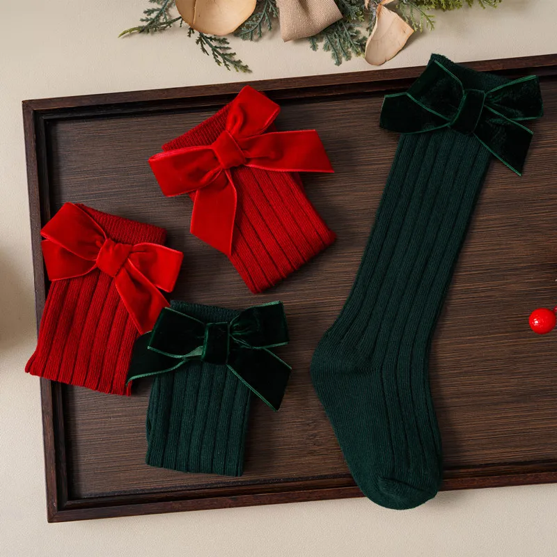 Calcetines Navidad niña algodón suave lazo rojo