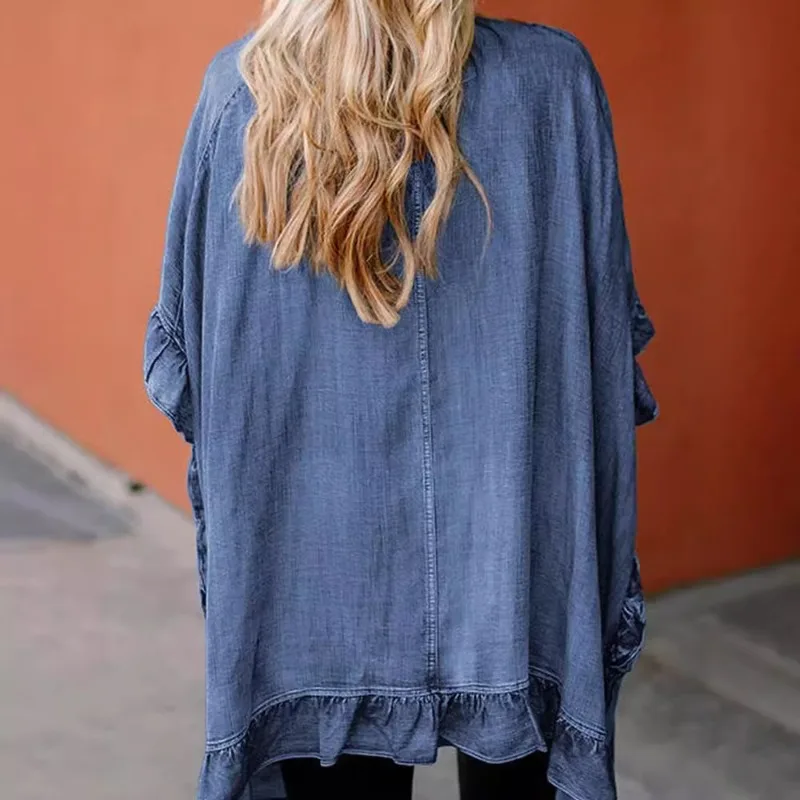 Chaqueta vaquera vintage de mujer holgada con bolsillos y volante - imagen 3