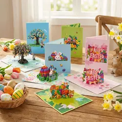 Tarjeta de Pascua 3D plegable con sobre y conejo talla a mano