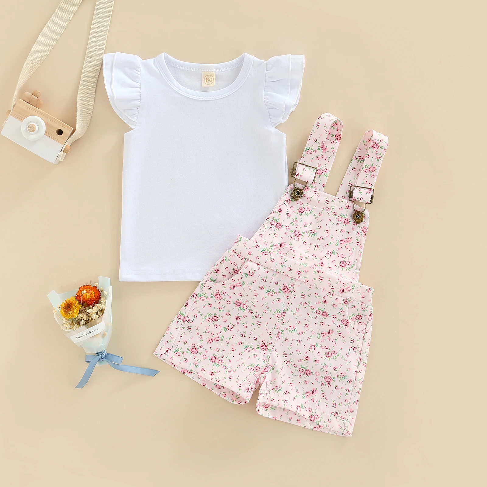 Conjunto verano niña: top cuello redondo y pantalones cortos flores - imagen 3