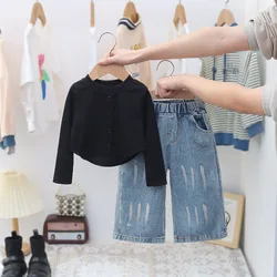 Conjunto niña top manga larga y vaqueros casual de color liso