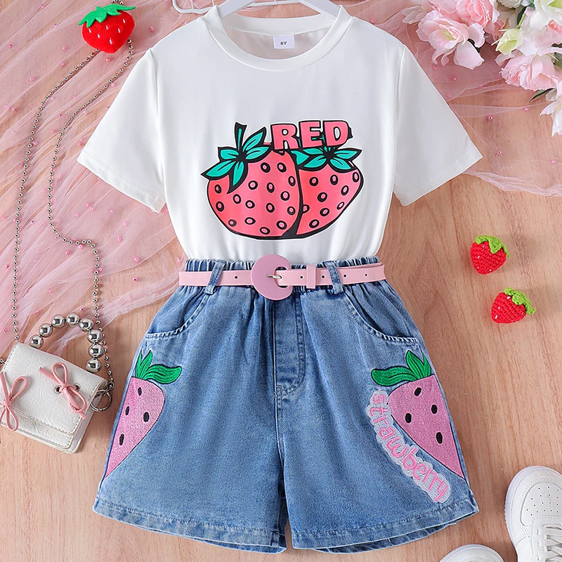 Conjunto de verano para chica: top fresa y pantalón corto vaquero - imagen 3