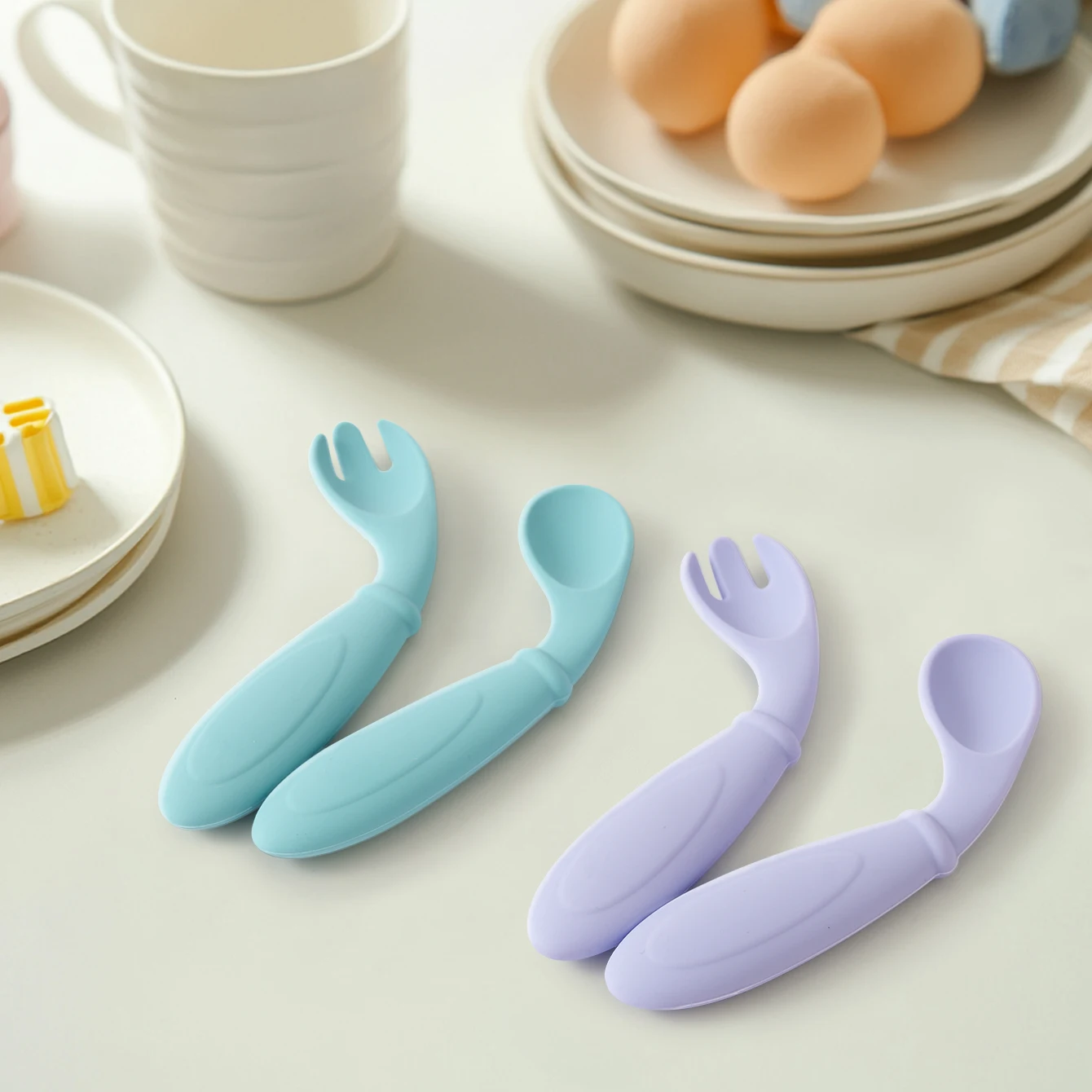 Cubiertos de silicona para bebé – Cuchara y tenedor antiderrame