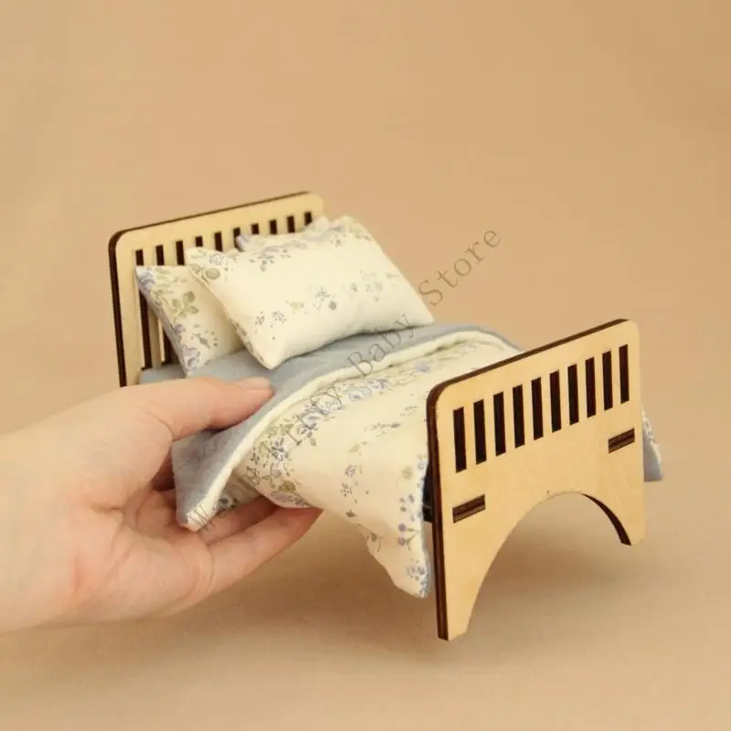 XXFE Cama doble para muñecas de madera con ropa de cama - imagen 5