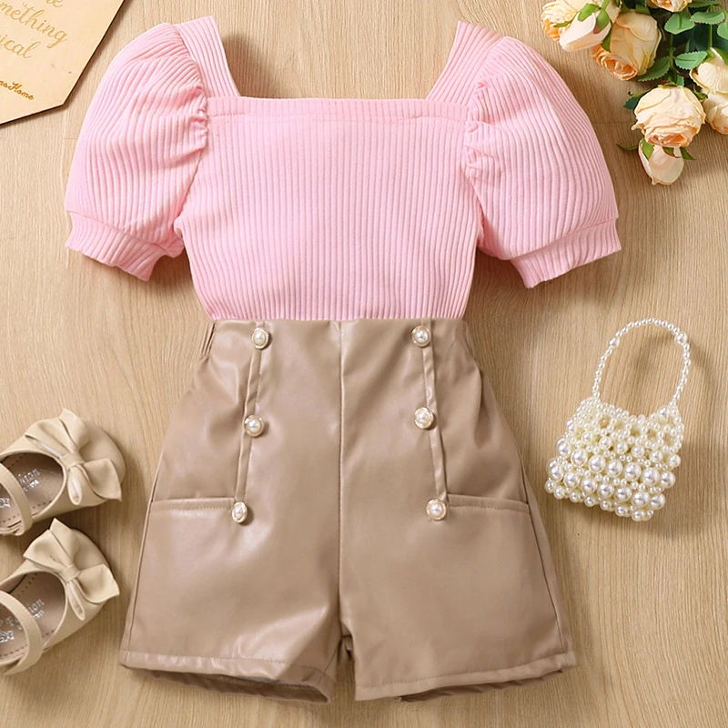 Conjunto niña de algodón rosa veraniego con blusa manga globo y short - imagen 5