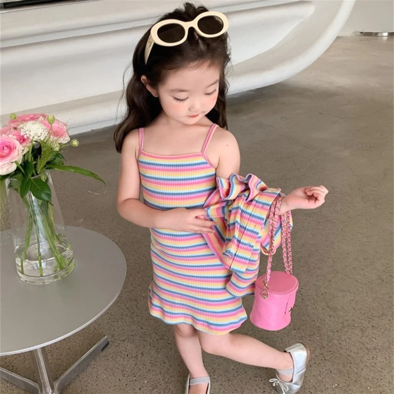 Vestido de verano niña con tirantes y falda larga a rayas arcoíris - imagen 2