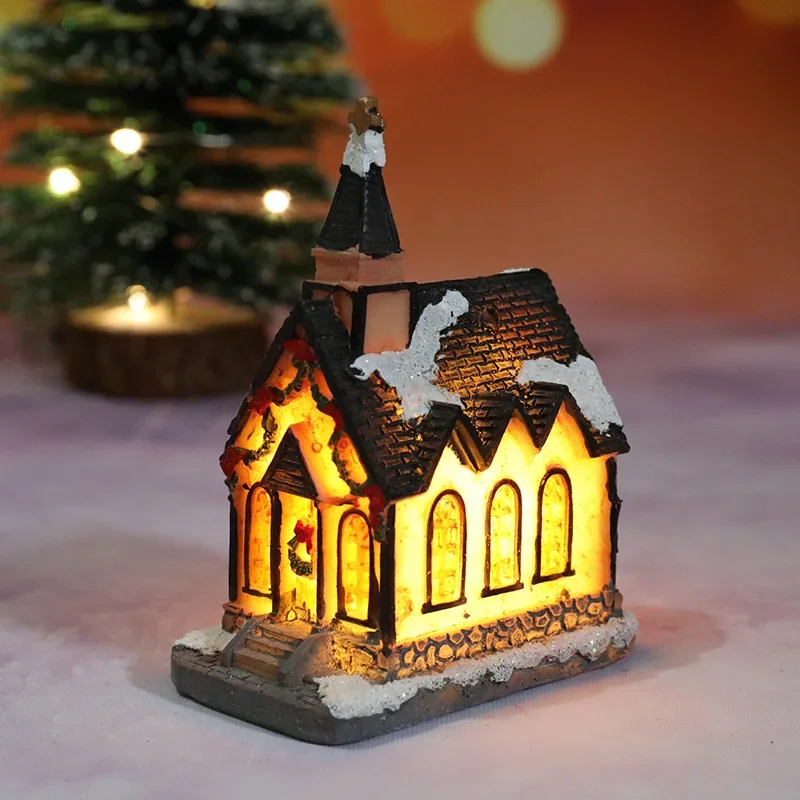 Mini casa de resina estilo pueblo navideño para decoración del hogar