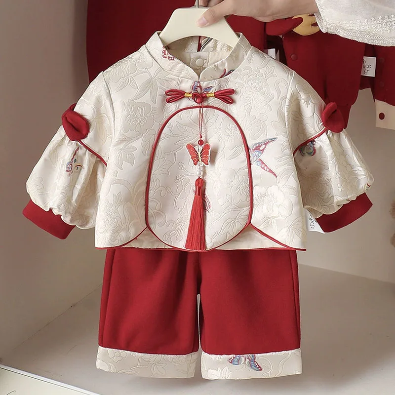 Conjunto de recién nacida niña manga larga con bordado floral oriental