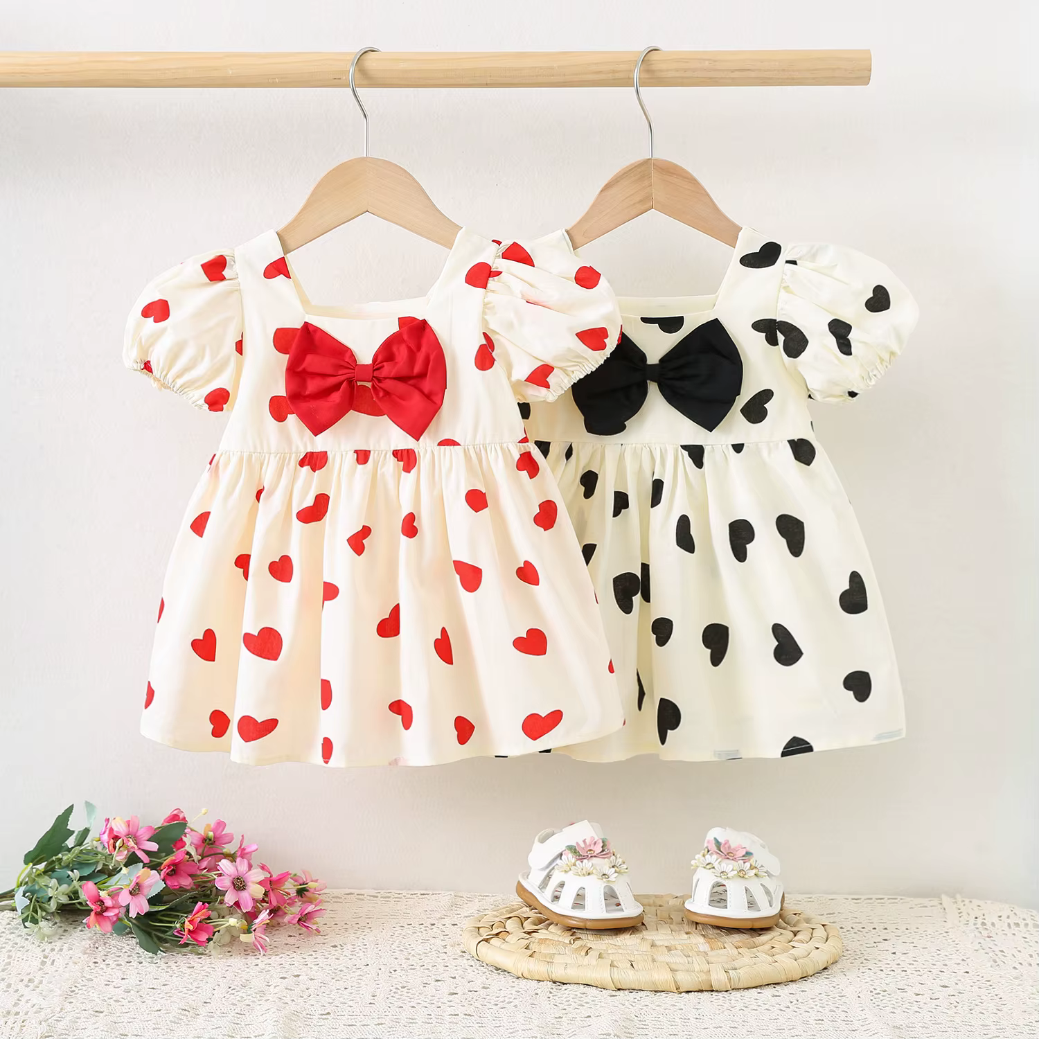 Vestido manga corta niños estilo coreano con cuello cuadrado lazo - imagen 2