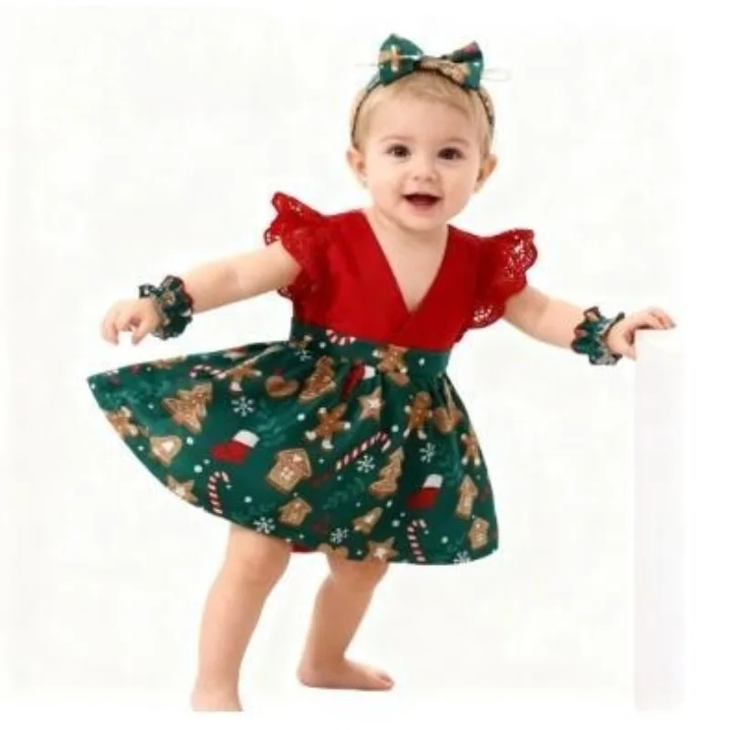 Conjunto de ropa de Navidad para bebé niña – Pelele de encaje con diadema - imagen 2