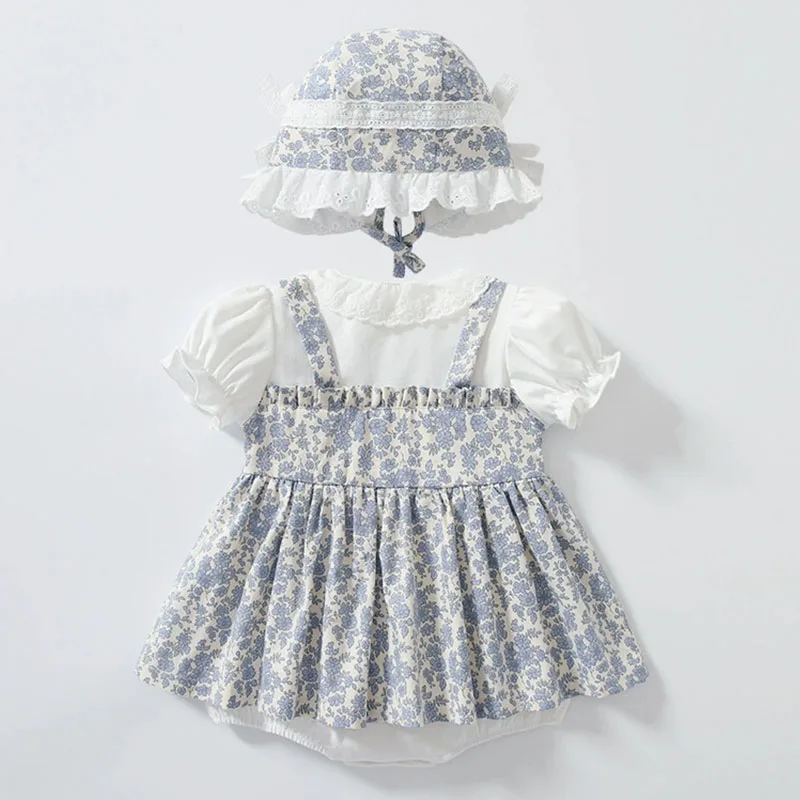 Mono de verano recién nacido flores con lazo y sombrero para niña - imagen 3