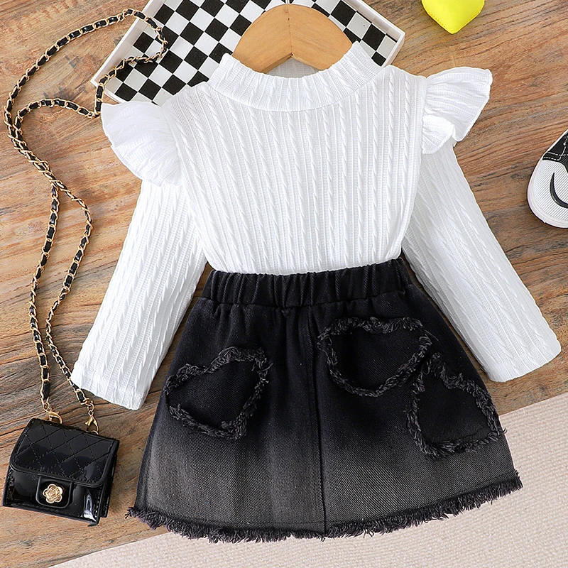 Conjunto de otoño para niña con top de manga larga y falda vaquera