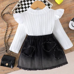 Conjunto de otoño para niña con top de manga larga y falda vaquera