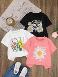 Camiseta de niña manga corta estampado floral cuello redondo