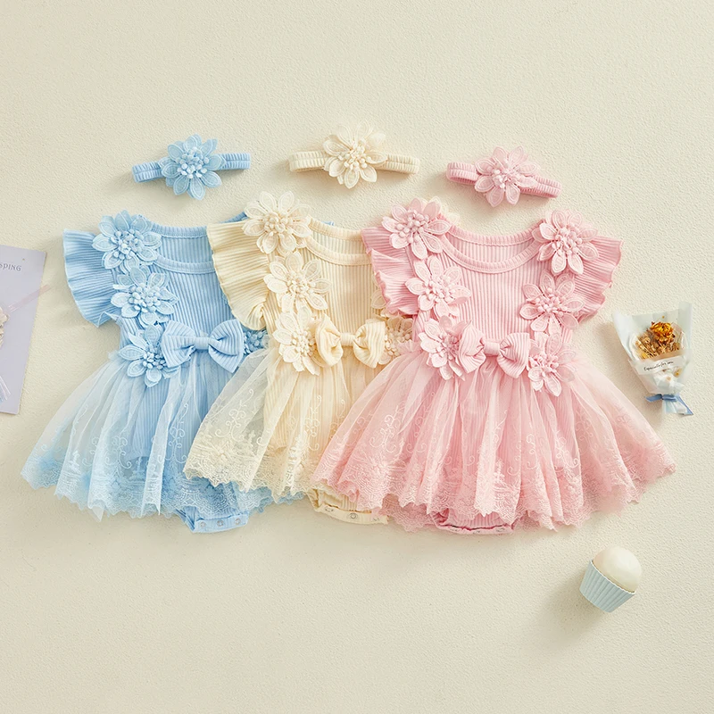 Pelele para niña recién nacida – Vestido de encaje con volantes y diadema