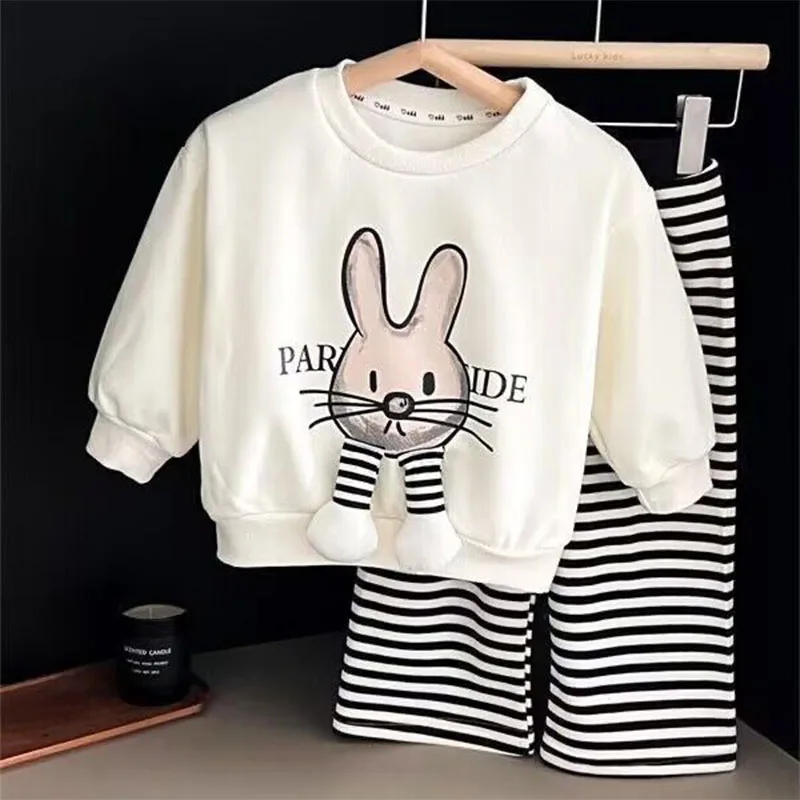 Conjunto de niña conejo animado: jersey y pantalón a rayas