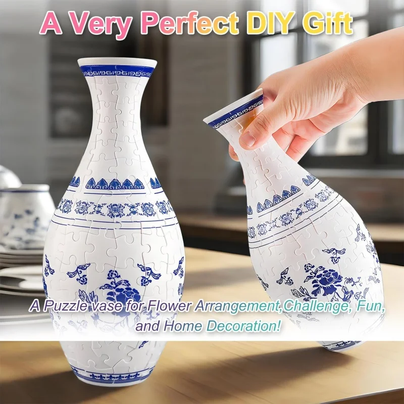 Puzzle 3D de jarrón estilo porcelana azul y blanca manualidades - imagen 4