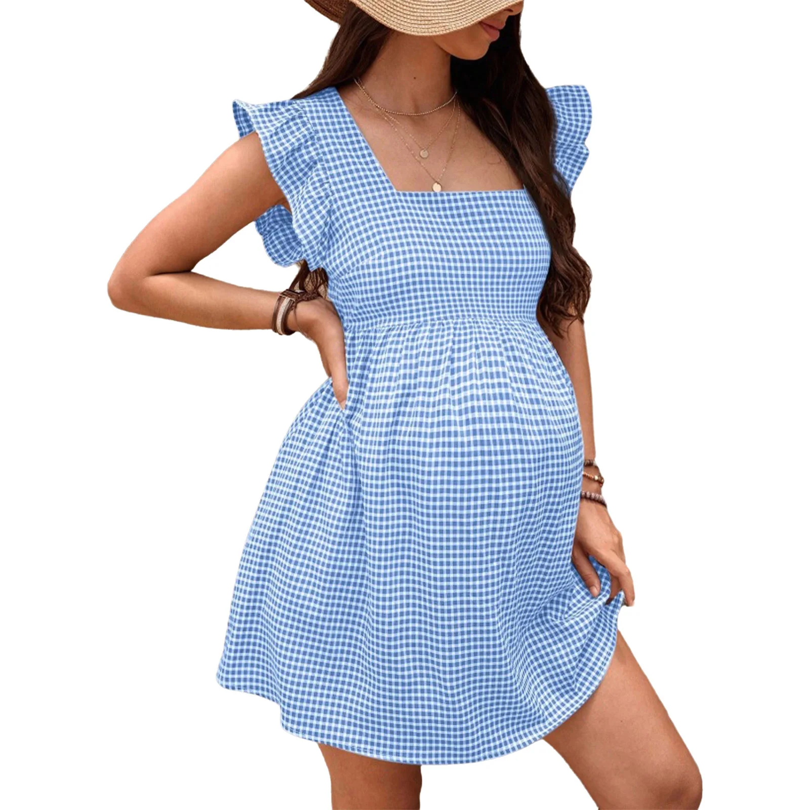 Vestido premamá de cuadros con volantes, manga corta, cuello cuadrado