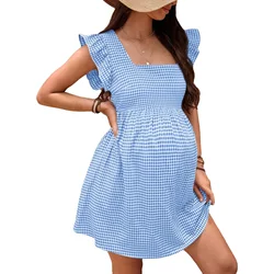 Vestido premamá de cuadros con volantes, manga corta, cuello cuadrado