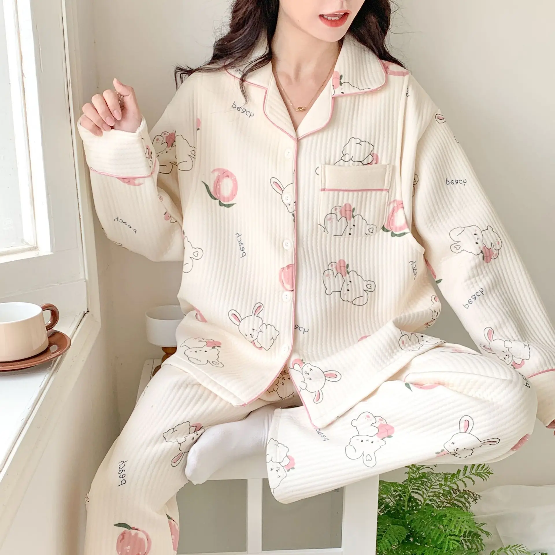 Conjunto de lactancia de invierno con cárdigan y pijama posparto