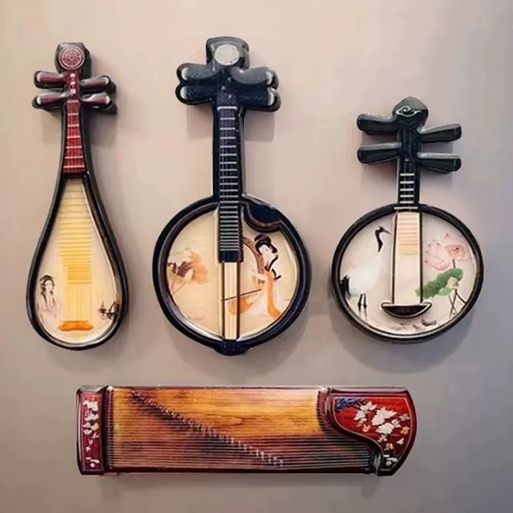 Conjunto de instrumentos musicales en diferentes tamaños y colores