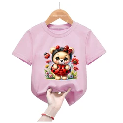 Camiseta rosa manga corta niña con mariquita y flores animales