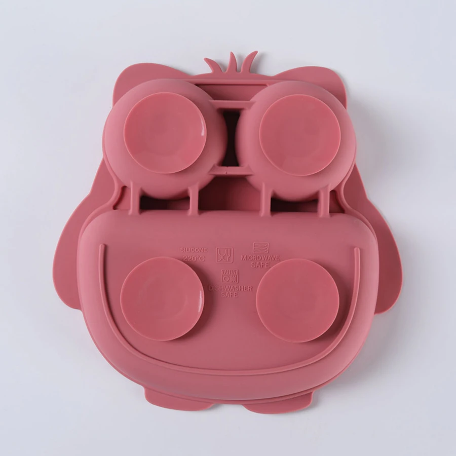 Vajilla de silicona infantil con plato búho y ventosa para bebés