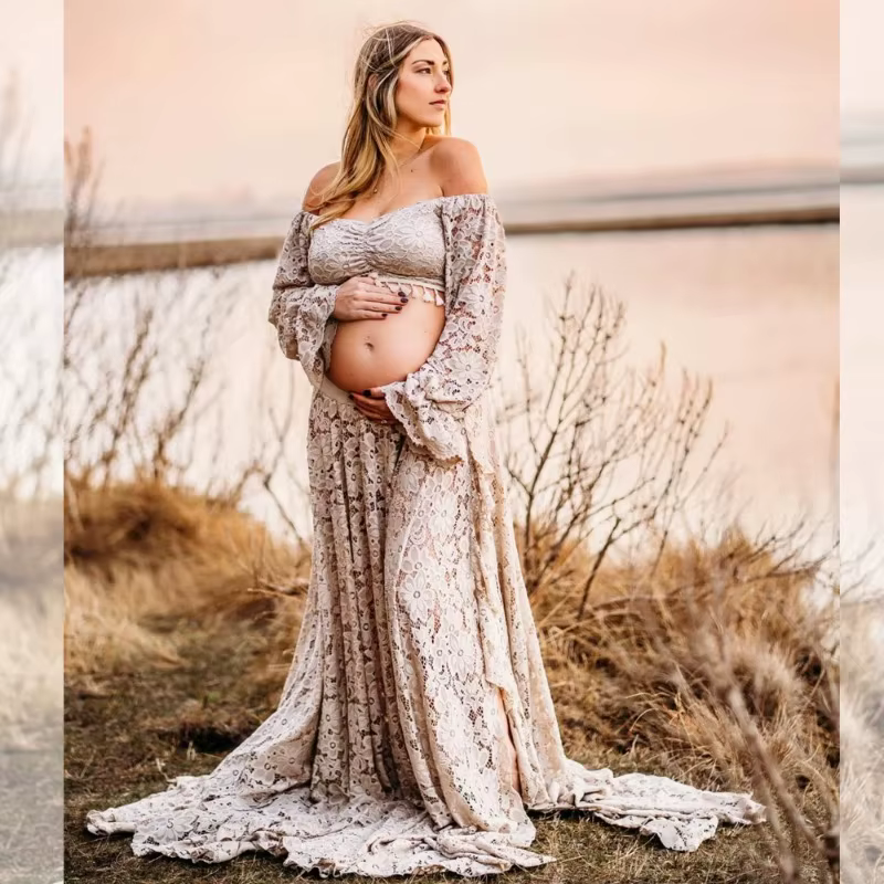 Vestido de embarazo boho con encaje y volantes para fotos - imagen 2