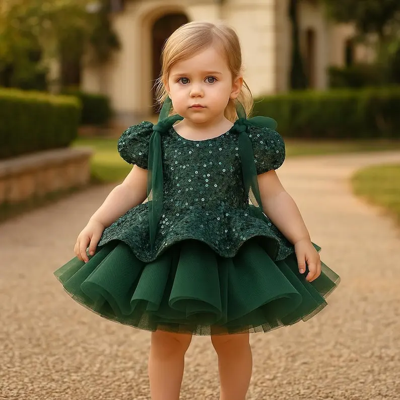Vestido de tul con lentejuelas verde esmeralda para niña - imagen 2