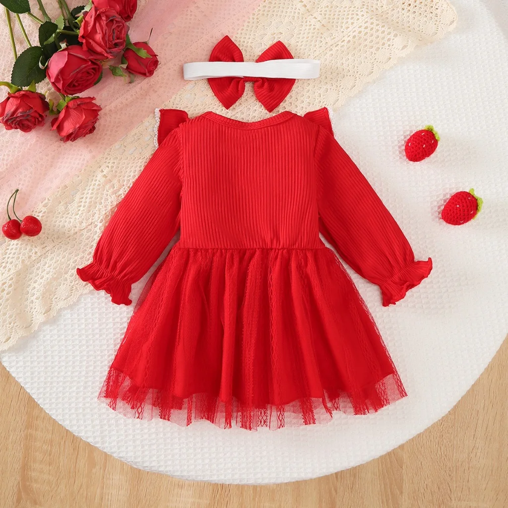 Vestido navideño rojo con encaje blanco y manga larga para niña - imagen 2