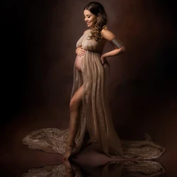 Vestido de maternidad con encaje y detalles dorados para fotos