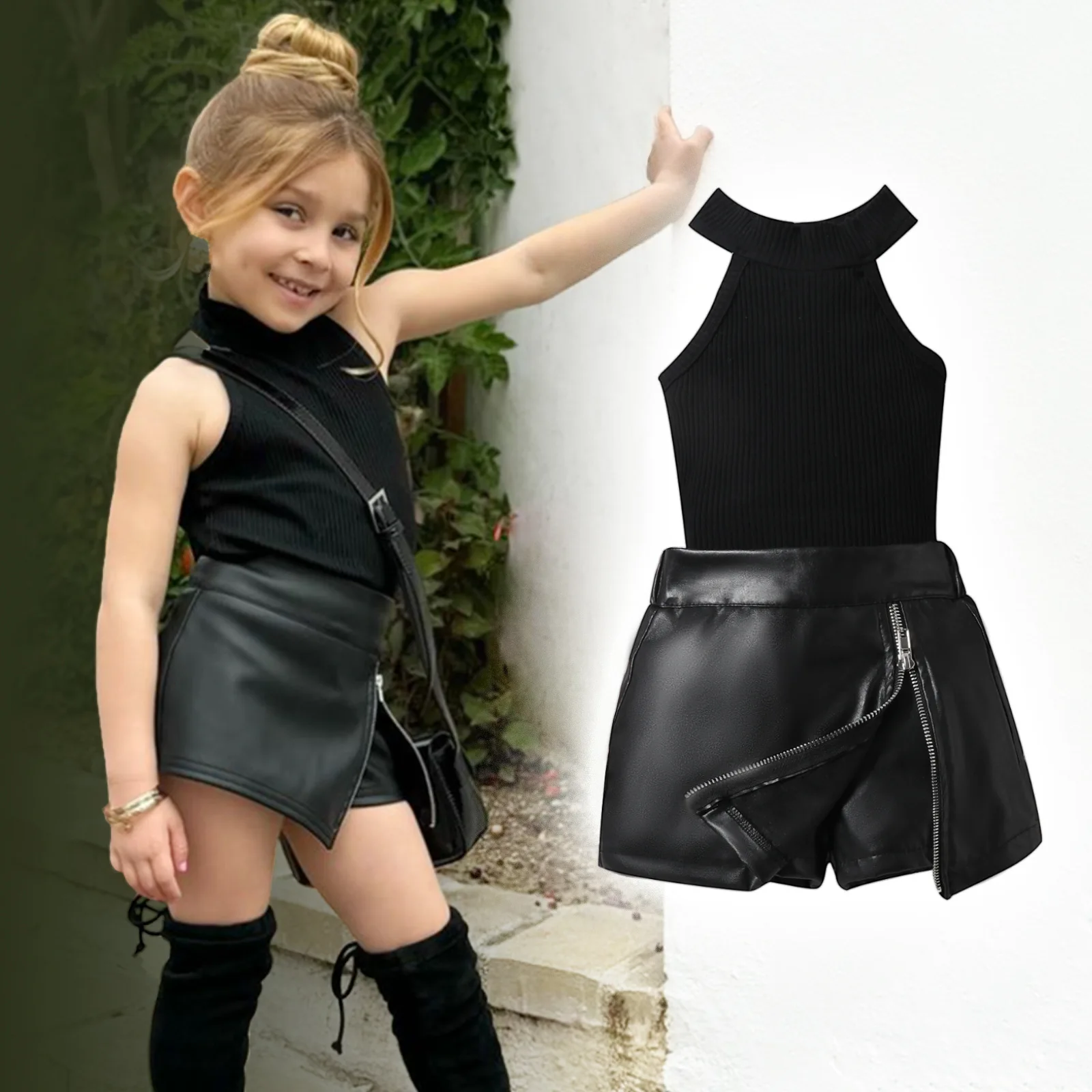 Conjunto bebé sin mangas de algodón con pantalón corto efecto piel - imagen 5