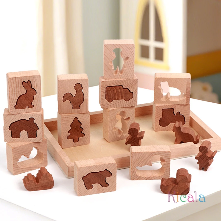 Puzzle Montessori de bloques de madera con animales para emparejar - imagen 4
