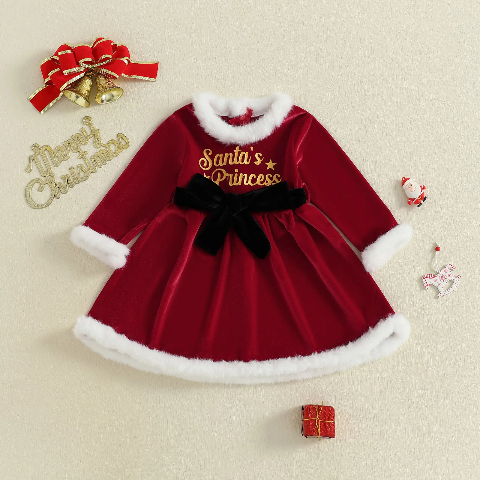 Tregren Vestido de Navidad para niña corte A con lazo y piel - imagen 5