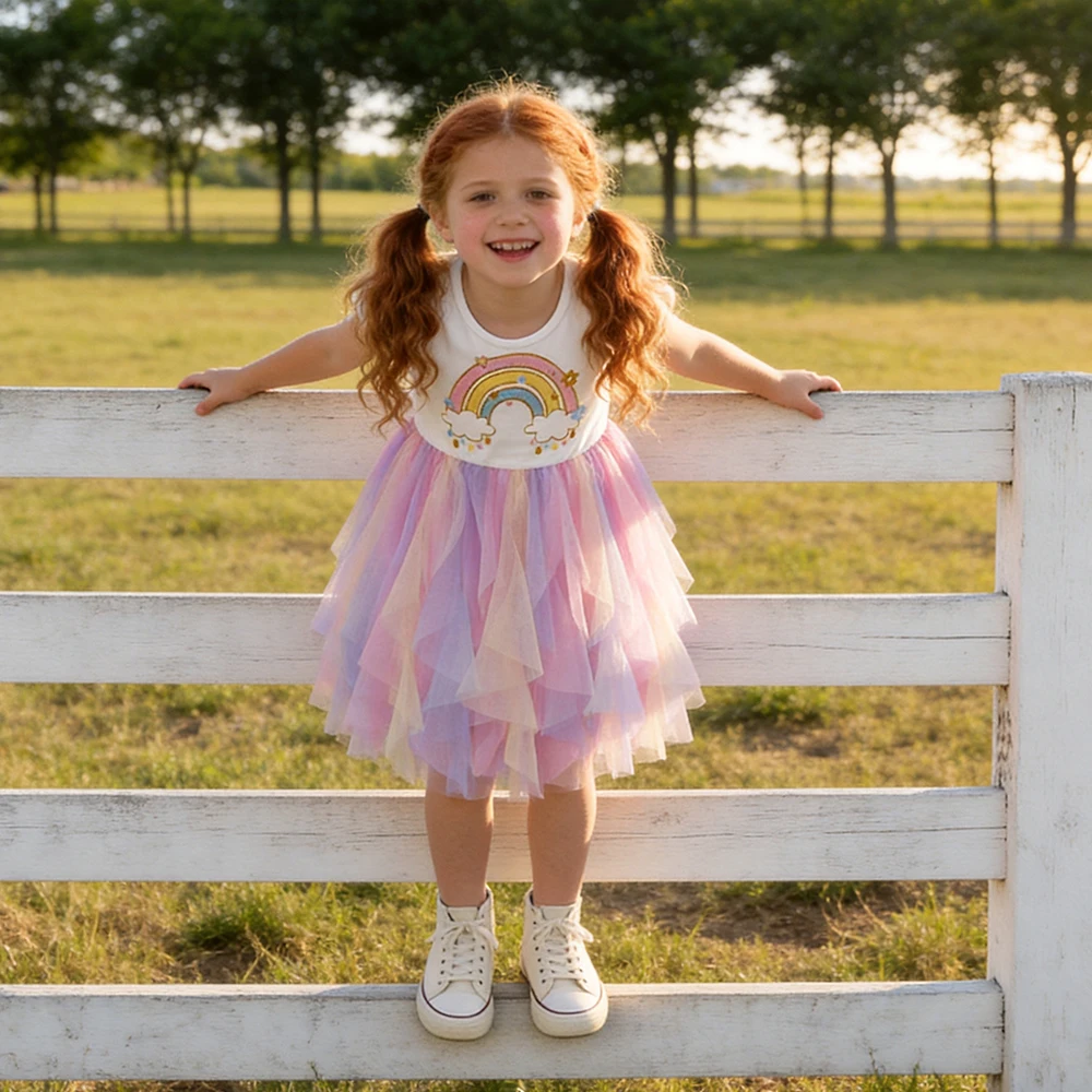 DXTON vestido de fiesta cumpleaños niña algodón arcoíris - imagen 4