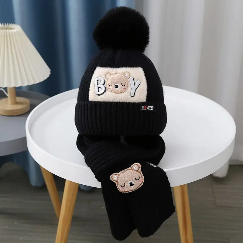 Gorro de osito y bufanda para bebé – Algodón acolchado para otoño e invierno
