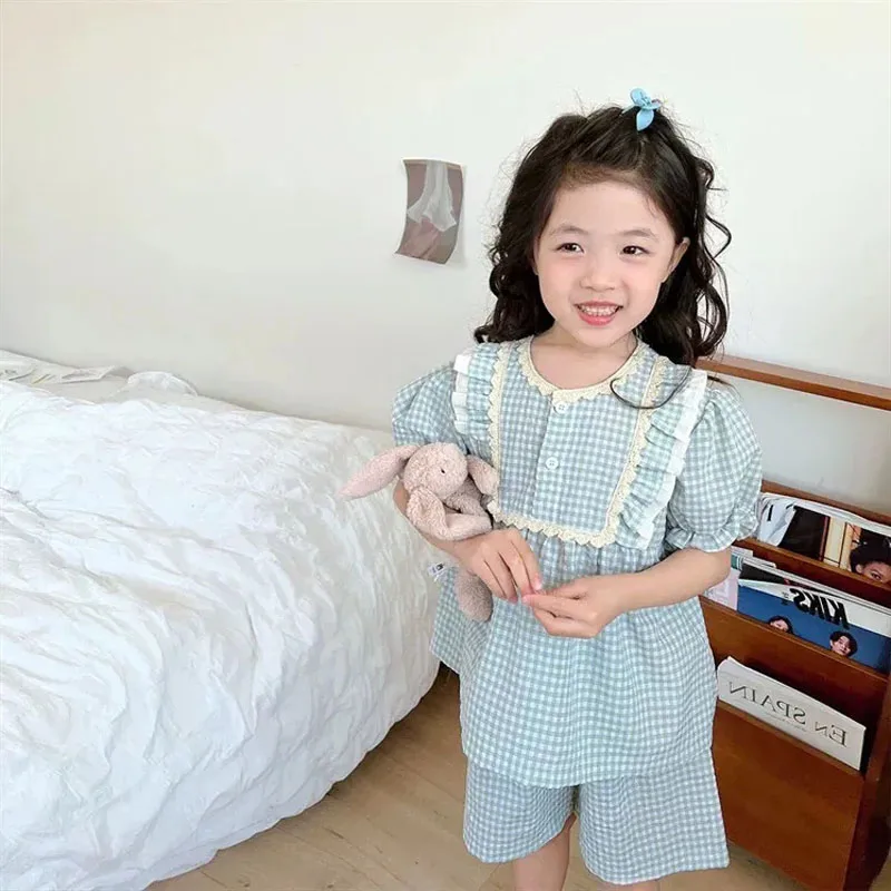 Pijama algodón a cuadros para niña – Conjunto fresco manga corta - imagen 5