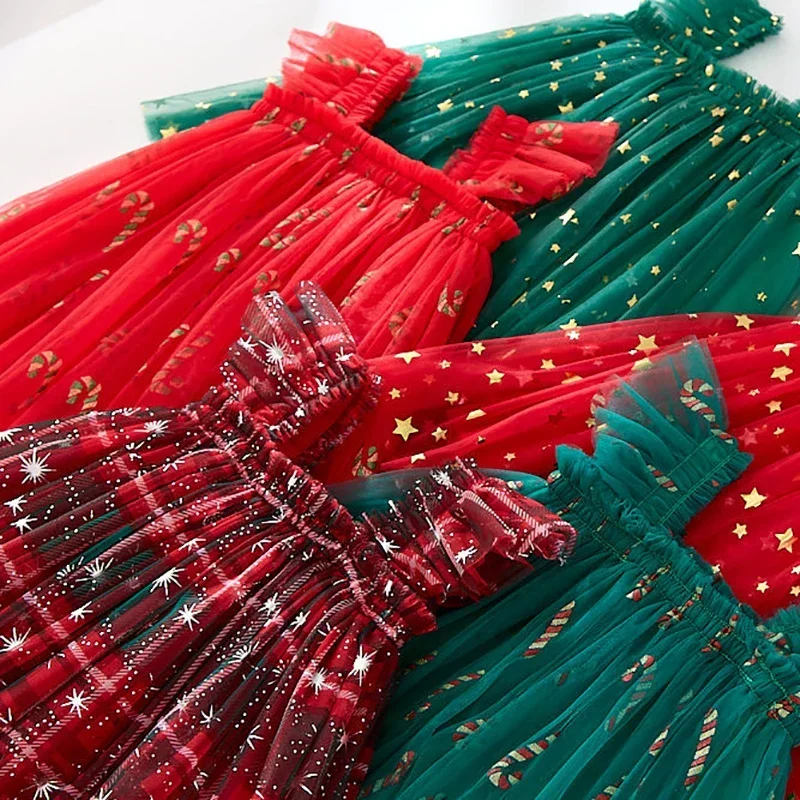 Vestido navideño de tirantes para niñas con tul y estrella dorada - imagen 5