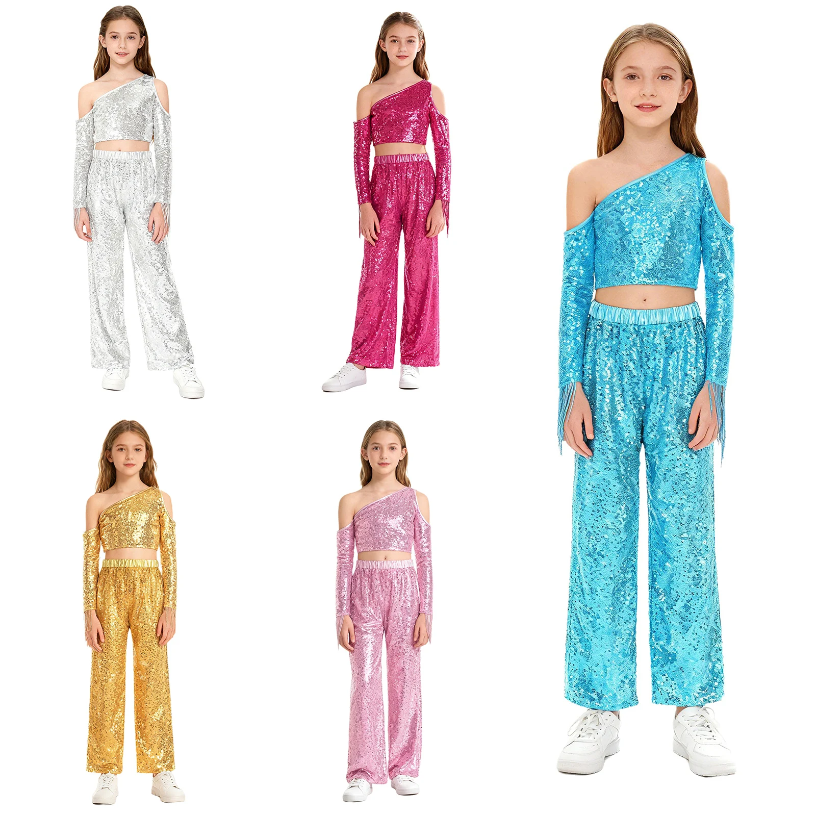 Traje de baile con lentejuelas y borlas de un hombro para niñas - imagen 2
