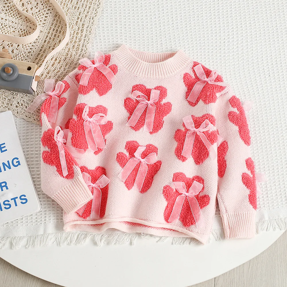 MILANCEL Jersey de punto para niña con estampado de oso y lazo - imagen 2