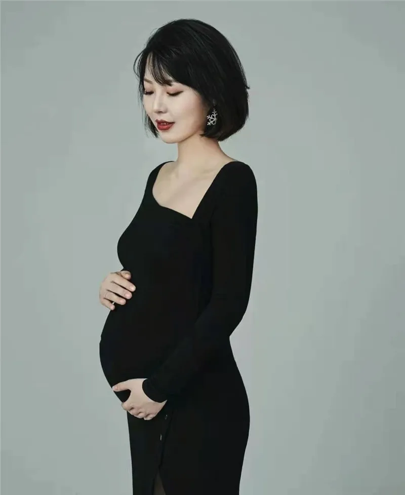 Vestido de embarazo de punto negro elegante para sesión fotográfica - imagen 3