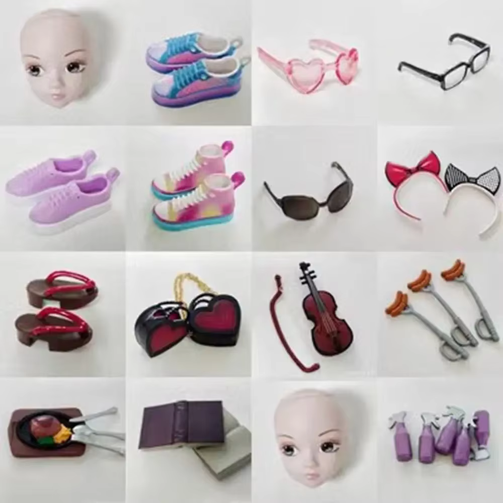 Accesorios 1/6 para muñecas: Bolsa corazón diadema minigafas y vajilla - imagen 3